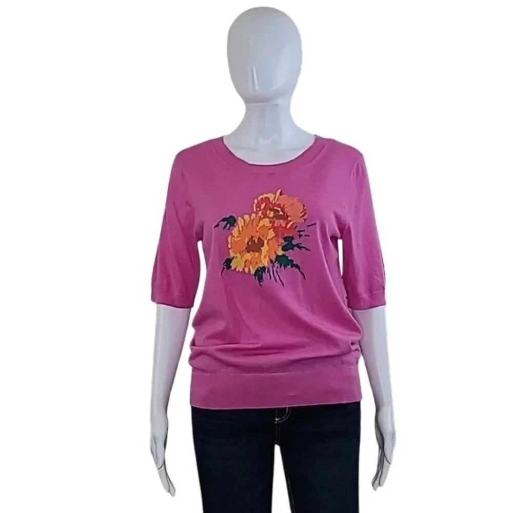 J. Crew Tippi Pink Floral Short Sleeve Merino Wool Crewneck Sweater